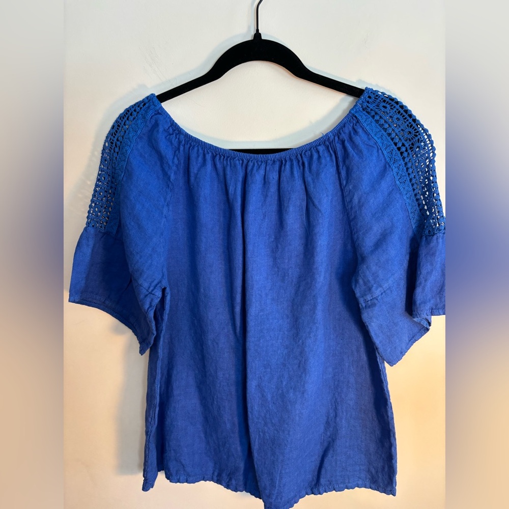 Grecian style Cobalt Blue Women's Top with Crocheted detailed sleeves